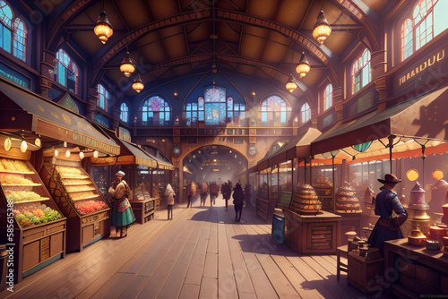 Matte Painting Victorian Fruit Vegetable Market with Shoppers Crowd Medieval Generative AI Illustration