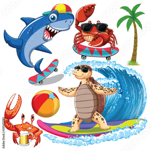 Set of sea creatures cartoon character in summer