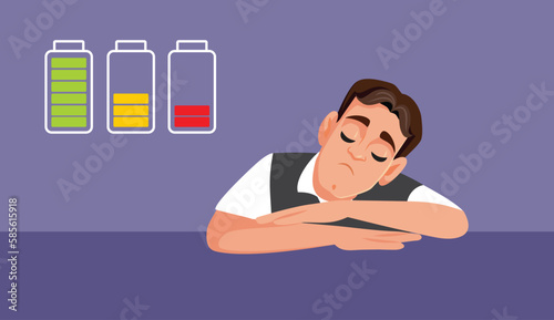 Sleepy Man Resting on a Desk Vector Cartoon Illustration. Exhausted office worker suffering from burnout and chronic fatigue 
