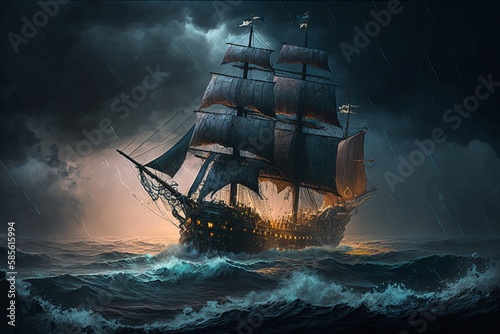 Pirate ship sailing in the middle of the sea