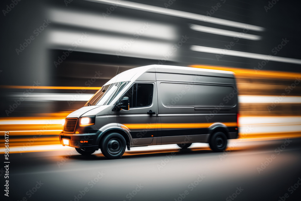 A delivery van with glowing lights and fast motion blur. Generative ai