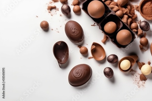 an array of assorted chocolates on a white background. Generative AI