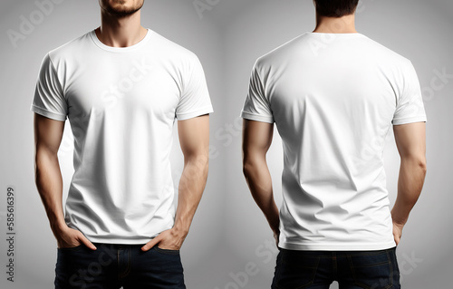 Photo realistic male white t-shirts with copy space, front and back view. Created with Generative AI Technology