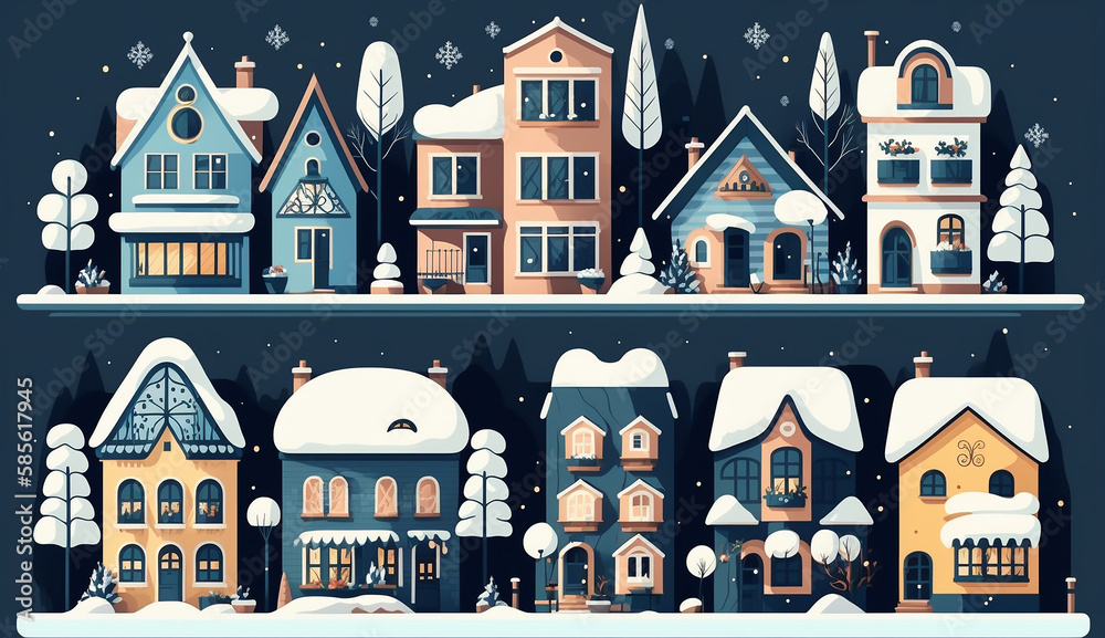 Cute Christmas houses. Winter village. Decorated Houses town. Generative AI