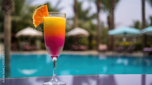 Oasis in the Sky: Colorful Drink with Exotic Fruits and Towering Palms, AI-Generated 