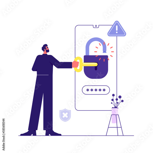 Thief hacking personal data in mobile vector flat illustration. Man stealing information, password, and login information. Cyber security, internet virus, cyber crime concept