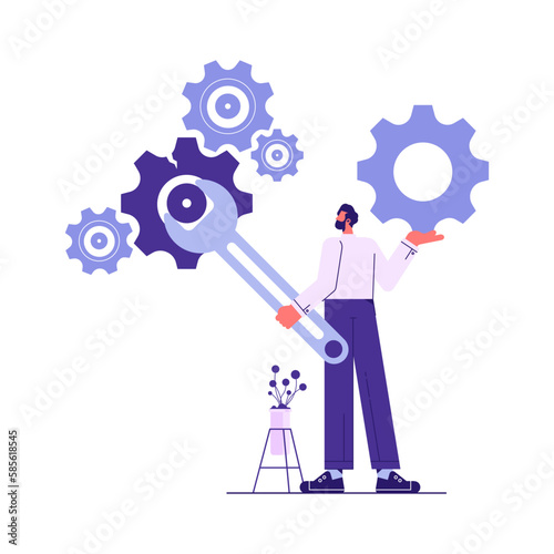 Technical support and repair. Businessman uses wrench repair big gears, support staff with tools. System or business setup. Client service. Vector illustration