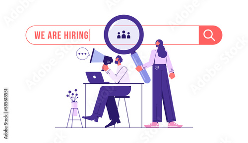 Man with loudspeaker and woman with magnifying glass to choose job interview people, we are hiring, job vacancy or headhunting concept