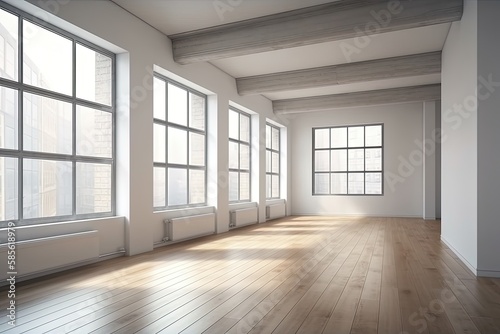 an empty room with large windows and wooden floors. Generative AI