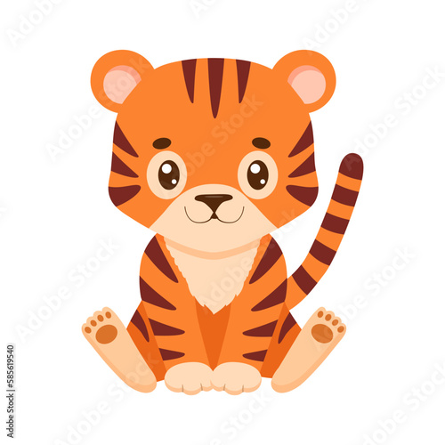 Cute tiger in cartoon style. Drawing african baby wild cat isolated on white background. Vector sweet tiger