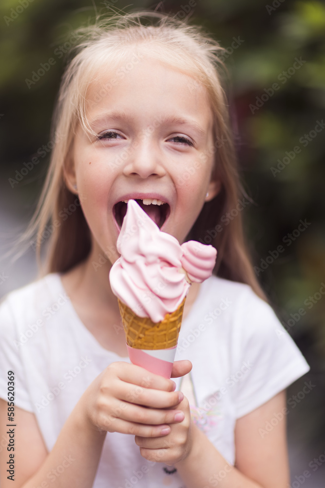 Pretty little caucasian girl with blonde hair eight years old eating licking vanilla ice cream in waffles cone outdoor at hot summer day Pretty little caucasian girl with blonde hair eight years old eating licking vanilla ice cream in waffles cone outdoor at hot summer day