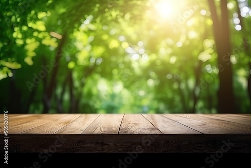 wooden table top with a blurred background for use as a background or texture. Generative AI