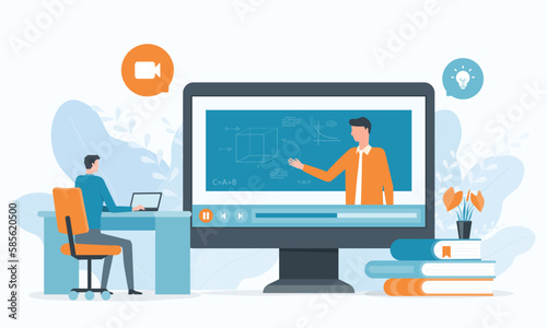 business team working with video conference meetings online and online education Webinar, video training, tutorial podcast and business coaching concept.