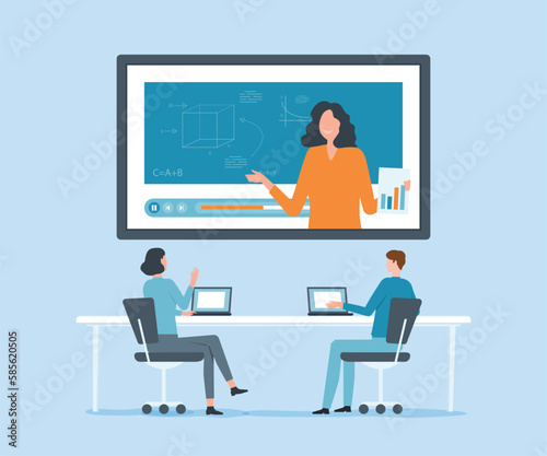 business team working with video conference meetings online and online education Webinar, video training, tutorial podcast and business coaching concept.