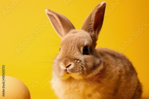 cute rabbit sitting beside a decorated egg. Generative AI © AkuAku