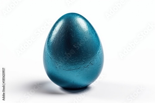 blue egg resting on a white tabletop. Generative AI