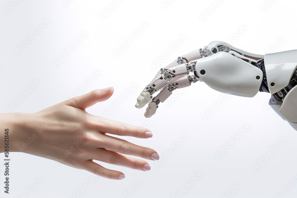 a hand reaching out towards a robot hand, artificial intelligence digital transformation isolated on white background. Created with Generative AI Technology
