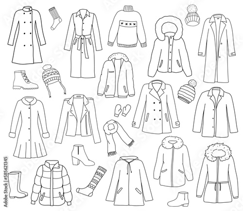 Set of winter and autumn clothes and shoes. Doodle coat, jumper, hat and down jacket. Outline illustrations