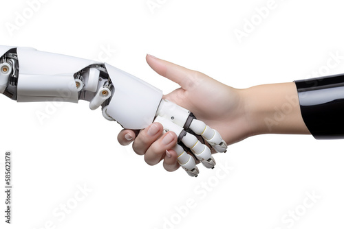 a person handshake with robot hand, artificial intelligence digital transformation isolated on white background. Created with Generative AI Technology