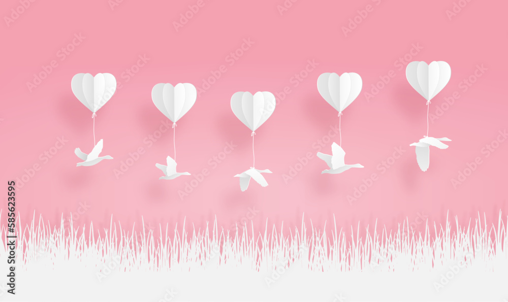 origami balloons with bird teal and grass in valentine paper art concept, pink and white background.