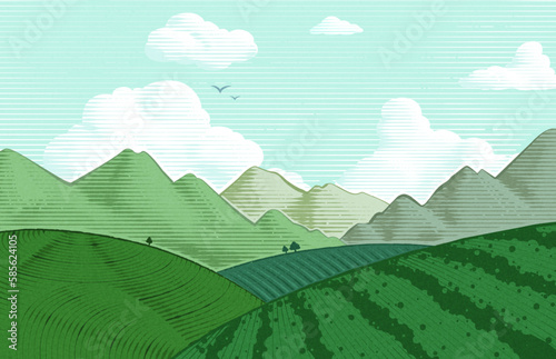 Engraved tea plantation landscape