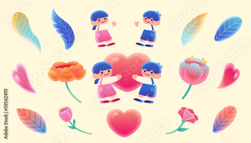 Miniature kids and flowers set