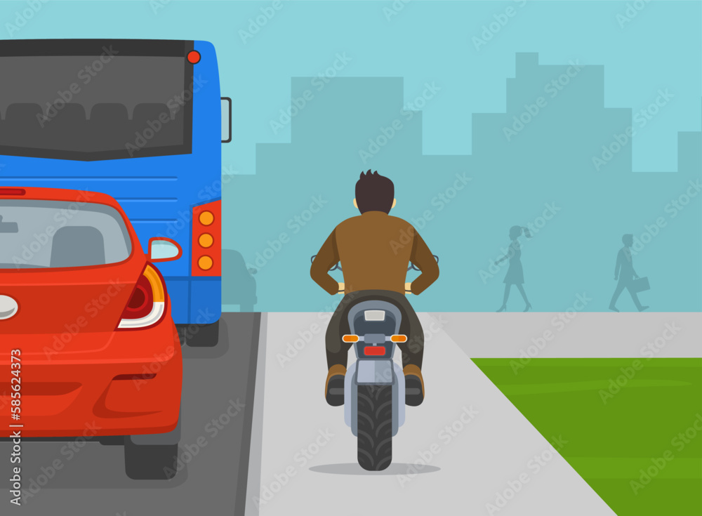 Male motorcyclist rides on the sidewalk to avoid a traffic jam. Back view of a traffic flow. Flat vector illustration template. Male motorcyclist rides on the sidewalk to avoid a traffic jam. Back view of a traffic flow. Flat vector illustration template.