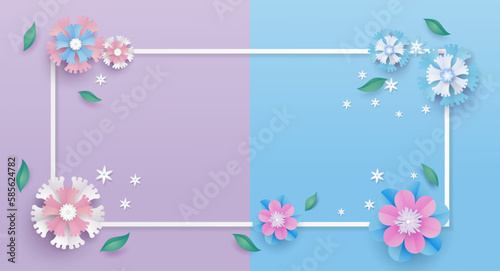 flower paper cut in vector art design with realistic shadows in pastel color tone . Frame or space for add the text label used for a magazine, web, signboard in shopping mall and the other.