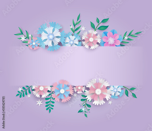 flower paper cut in vector art design with realistic shadows in pastel color tone . Frame or space for add the text label used for a magazine, web, signboard in shopping mall and the other.