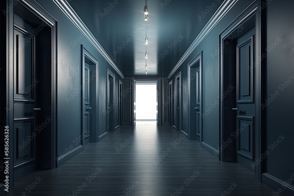 long hallway with two doors leading to another room. Generative AI