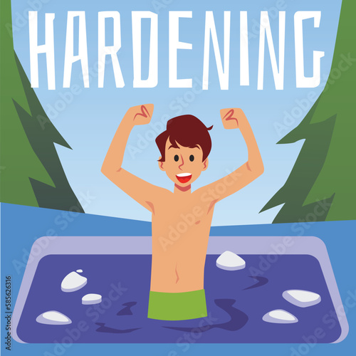 Hardening therapy poster, child boy swimming in cold water, flat vector illustration.