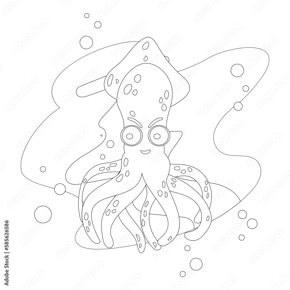 Obraz premium Squid Coloring Book for Chidren. Coloring page squid underwater.