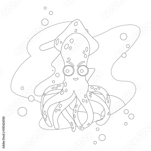 Squid Coloring Book for Chidren. Coloring page squid underwater.