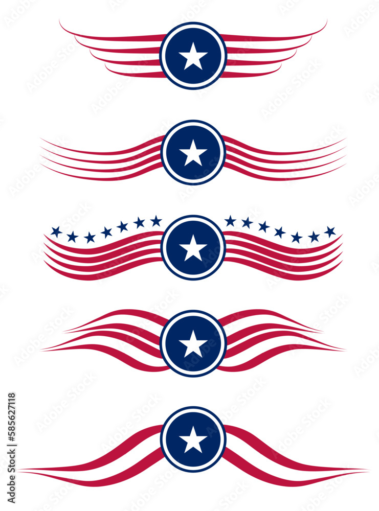 Obraz premium US memorial day, Patriot proud label, American flag and national symbols, United States of America patriotic emblems vector set. National independence day 4th july badges