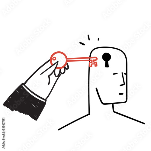 hand drawn doodle holding key to open person's mind illustration