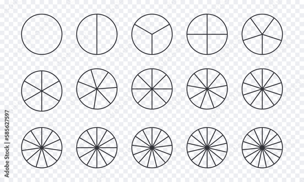 Circles divided into parts from 1 to 15. Outline round chart for infographic, pie portion or pizza slice. Wheel division into fractions, circular shape sectors on transparent background