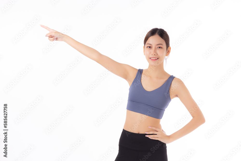 Portrait of beautiful young asian woman in sportwear smile and presenting isolated on white background, sport and exercise for health and weightloss, female and slimming showing something. Portrait of beautiful young asian woman in sportwear smile and presenting isolated on white background, sport and exercise for health and weightloss, female and slimming showing something.