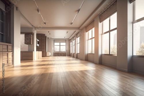 an empty room with wooden floors and large windows. Generative AI