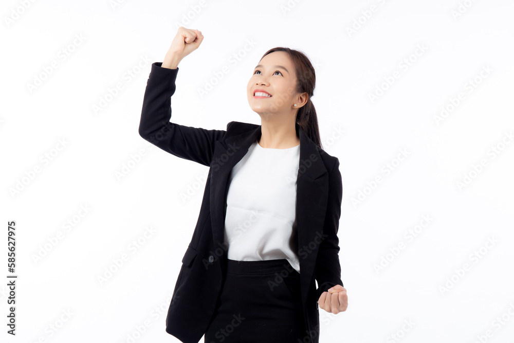 Portrait beautiful businesswoman in suit standing with glad and success isolated on white background, young asian business woman is manager or executive smile with confident and excited for victory. Portrait beautiful businesswoman in suit standing with glad and success isolated on white background, young asian business woman is manager or executive smile with confident and excited for victory.