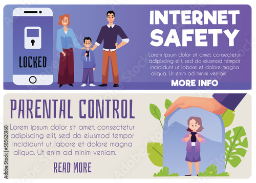 Internet safety and parental control of children, flat vector banners. photo