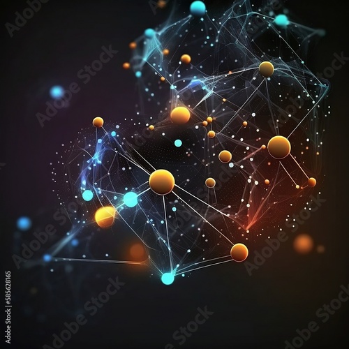 abstracted lines and linked dots. AI technology concept and digital data movement. Concept of a network of communication and technology  with flowing dots and lines. modelling in 3D 
