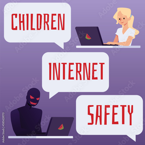 Children internet safety concept, flat vector illustration.
