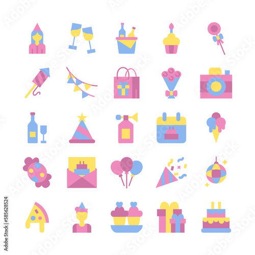 Birthday icon set. Event celebration symbol vector collection.