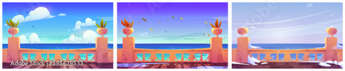 Hotel terrace empty view with sea and blue sky. Season set vector background of indian palace balcony with ocean landscape. Balustrade on ancient patio with falling snow or flying leaves or birds