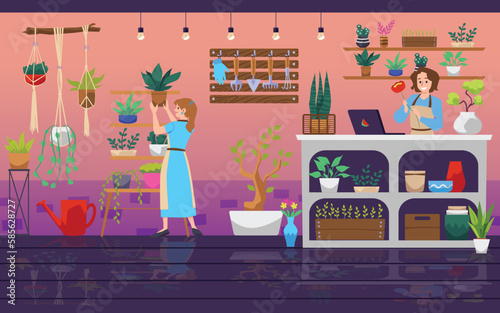 Smiling women florist and assistant working at flower shop flat style