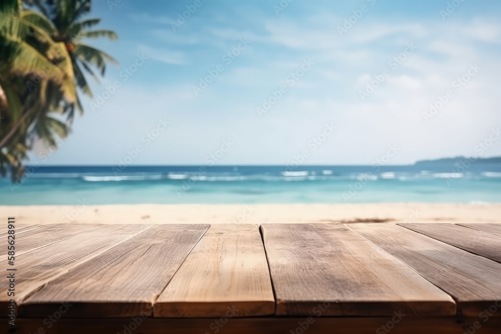 wooden table with a serene beach landscape in the background. Generative AI
