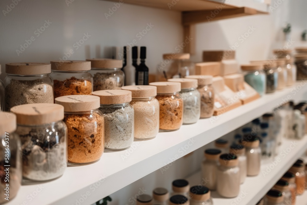 Fototapeta premium colorful shelf filled with various types of jars. Generative AI