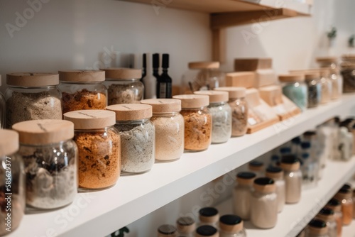 colorful shelf filled with various types of jars. Generative AI
