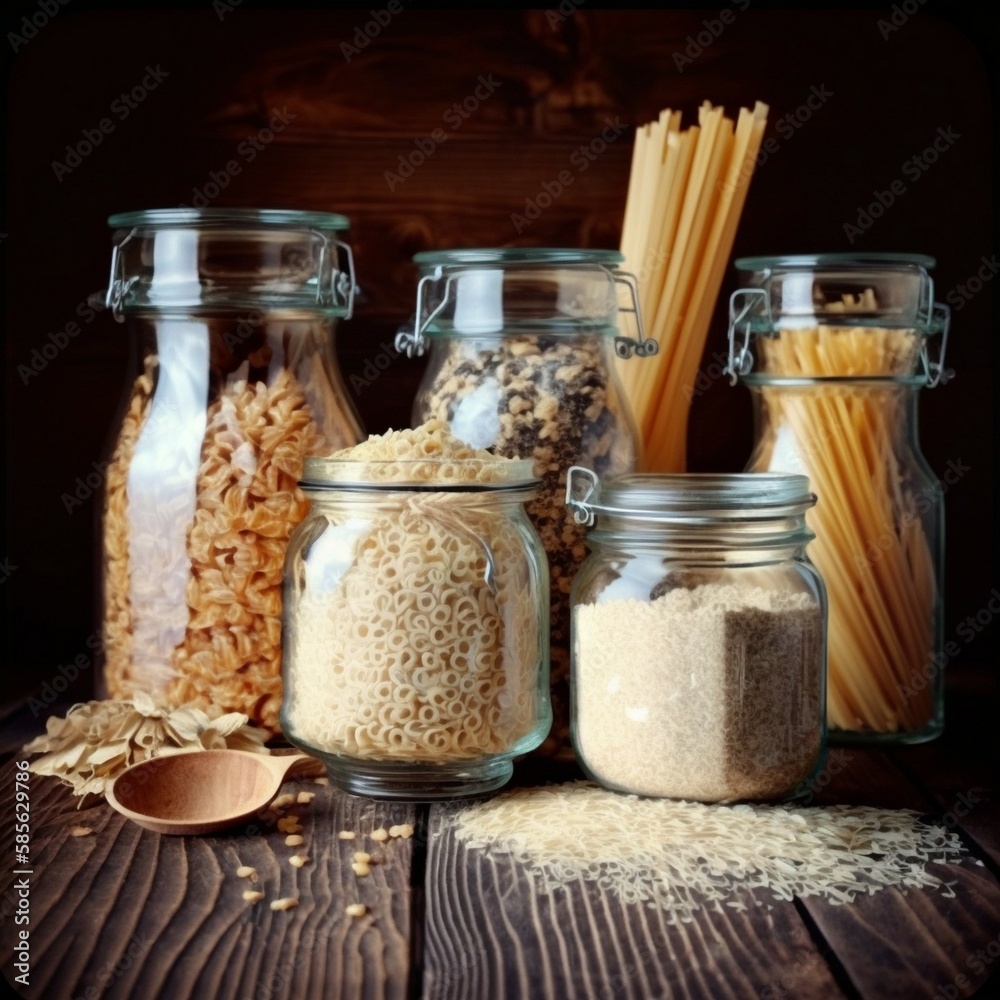 Assortment of uncooked grains, cereals, and pasta in glass jars on a wooden table. Healthy cooking, clean eating, zero waste concept. Balanced dieting food Generative AI Assortment of uncooked grains, cereals, and pasta in glass jars on a wooden table. Healthy cooking, clean eating, zero waste concept. Balanced dieting food Generative AI