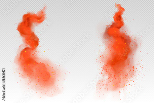 Realistic set of red dust clouds isolated on transparent background. Vector illustration of chili pepper seasoning powder, dry paint splatter texture with shimmering particles, rocket launch trail